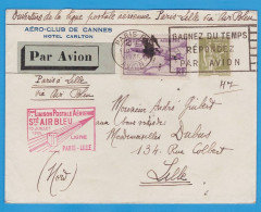 LETTRE PAR AVION - 1° LIAISON POSTALE AERIENNE Sté AIR BLEU LIGNE PARIS LILLE DU 10 JUILLET 1935 - AERO-CLUB CANNES - 1927-1959 Briefe & Dokumente