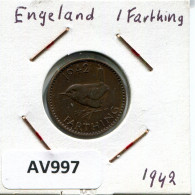 FARTHING 1942 UK GROßBRITANNIEN GREAT BRITAIN Münze #AV997.D.A - B. 1 Farthing