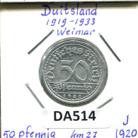 50 PFENNIG 1920 J ALEMANIA Moneda GERMANY #DA514.2.E.A - 50 Rentenpfennig & 50 Reichspfennig