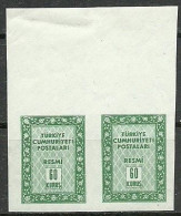 Turkey; 1960 Official Stamp 60 K. ERROR "Imperf. Pair" - Dienstmarken