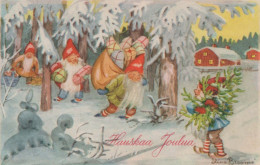 SANTA CLAUS Happy New Year Christmas GNOME Vintage Postcard CPSMPF #PKG534.A - Santa Claus