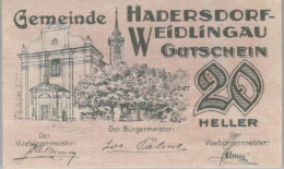 20 HELLER 1920 Stadt HADERSDORF-WEIDLINGAU Niedrigeren Österreich Notgeld Papiergeld Banknote #PG895 - [11] Local Banknote Issues
