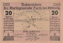 20 HELLER 1920 Stadt FURTH Niedrigeren Österreich UNC Österreich Notgeld Banknote #PH494 - Lokale Ausgaben
