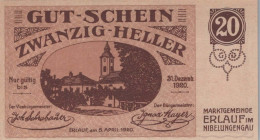 20 HELLER 1920 Stadt ERLAUF IM NIBELUNGENGAU Niedrigeren Österreich Notgeld Papiergeld Banknote #PG540 - Lokale Ausgaben