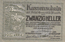 20 HELLER 1920 Stadt BADEN BEI WIEN Niedrigeren Österreich UNC Österreich Notgeld #PH130 - [11] Emisiones Locales