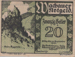 20 HELLER 1920 Stadt WACHAU Niedrigeren Österreich Notgeld Banknote #PF281 - Lokale Ausgaben