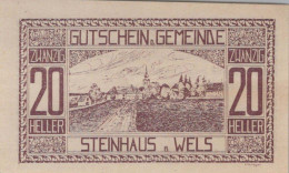 20 HELLER 1920 Stadt STEINHAUS BEI WELS Oberösterreich Österreich Notgeld #PF011 - Lokale Ausgaben