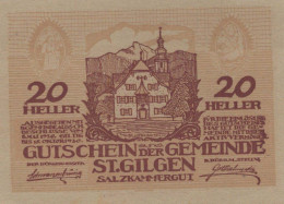 20 HELLER 1920 Stadt SANKT GILGEN Salzburg Österreich Notgeld Papiergeld Banknote #PG791 - [11] Emissions Locales