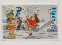 Bonne Année. Deux Petites Filles, Dans La Neige. Orgue De Barbarie En Forme De Coeur, Perroquet. 1957 - Autres & Non Classés