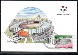 ITALIA 90 REPUBBLICA ITALY REPUBLIC1990COPPA DEL MONDO DI CALCIO STADIO DELLE ALPI TO L. 650 MAXI MAXIMUM CARD CARTOLINA - Maximum Cards