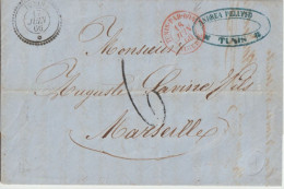 MARITIME - 1866 - CACHET AGENCE CONSULAIRE TUNIS PAR BÔNE ALGERIE + FLEURON SUP ! / LETTRE => MARSEILLE - Schiffspost