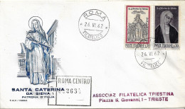 Fdc Rodia : SANTA CATERINA DA SIENA 1962;  Raccomandata; AF_Roma - FDC