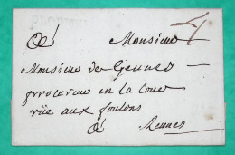 MARQUE SEC PLOERMEL MORBIHAN DEPART JOSSELIN POUR RENNES ILLE ET VILAINE LN N°4A 1766 LETTRE COVER FRANCE - 1701-1800: Voorlopers XVIII