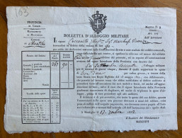 BOLLETTA D'ALLOGGIO MILITARE - PROV. DI CASALE COMUNE DI MONTIGLIO - MARCHESE VINCENZO COCCONITO 17 Settembre 1832 - Historical Documents