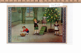 20543 BUON NATALE BAMBINI ALBERO NATALE CESTO MELE SCALETTA  CORNICE AGRIFOGLIO 1935 FIRMATA - Autres & Non Classés