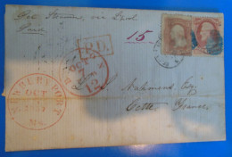 LETTRE  -  ETATS UNIS 1857  -  TAMPON ROUGE ORANGE - Cartas & Documentos