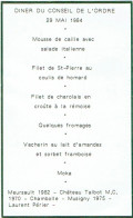 Menu. Diner Du Conseil De L'Ordre. 29 Mai 1984. - Menus