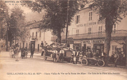 GUILLAUMES (Alpes-Maritimes) - Un Coin De La Place Et La Fontaine - Hôtel De L'Union, Robert - Autocar, Moto Side-Car - Autres & Non Classés