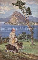 12056509 Lugano TI Kuenstlerkarte Frau Mit Ziegen Und Monte S. Salvatore Lugano  - Other & Unclassified