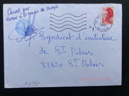 LETTRE TP LIBERTE 2,20 OBL.MEC.28-1 1986 95 ARGENTEUIL PPAL + MANUSCRIT OUVERT PAR ERREUR + CACHET MAIRIE 33 ST PALAIS - 1982-1990 Liberté De Gandon