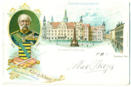 Jubiläumspostkarte, König Albert (1828 - 1898), Kgl Residenzschloss U. Wettinsäule, Dresden, Adel / Nobility, Germany - Dresden