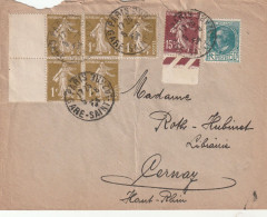 Yvert 291 Briand +  277A Bloc De 5 Semeuse + 189 Lettre Paris Gare St Lazare 5/8/1934 Pour Cernay Haut Rhin - 1921-1960: Moderne