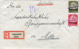 Lettre Recommandée De Amanvillers (Moselle) Vers Metz- Affranchissement Composé Timbres Lothringen Annulation Au Crayon - 2. Weltkrieg 1939-1945