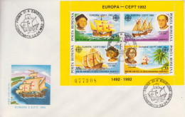 Enveloppe  FDC  1er  Jour   ROUMANIE  Bloc Feuillet  Découverte  De  L' Amérique  Par  Christophe  COLOMB   EUROPA  1992 - 1992