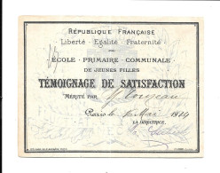 KB2106 - TEMOIGNAGE DE SATISFACTION - ECOLE PRIMAIRE COMMUNALE VILLE DE PARIS 1914 - TOINEAU - Diploma & School Reports