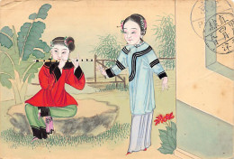 China - Chinese Ladies - The Flute Player - HANDPAINTED POSTCARD - Publ. Postal Stationery Chinese Imperial Post  1 Cent - China