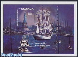 Uganda 1986 Statue Of Liberty S/s, Mint NH, Transport - Ships And Boats - Art - Sculpture - Bateaux