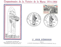 Envel  1 Er Jour  Cinquantenaire  De La Victoire De La MARNE  1914 -1964 Monument Mondement  SEZANNE  1964 - Covers & Documents