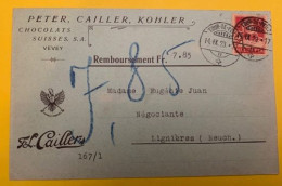 20404 - Carte Remboursement Chocolats Peter, Cailler, Kohler Vevey  La Tour De Peilz 14.09.1923 - Cartas & Documentos