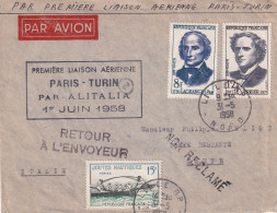 Première Liaison Aérienne Paris - Turin Par Alitalia 1958 - Altri & Non Classificati