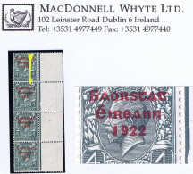 Ireland 1922-23 Thom Saorstat 3-line Ovpt On 4d, Var "Accent Missing" And "Frame Break At Right" In Strip Of 4 - Neufs