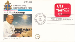 FDC Illustrée Commémorant Le Voyage Du Pape Jean-Paul II Aux États-Unis D'Amérique à Anchorage (Alaska) États-Unis 1981 - 1981-1990