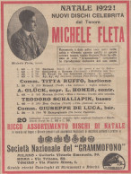 Società Nazionale Del Grammofono - Michele Fleta - 1922 Pubblicità Epoca - Publicités