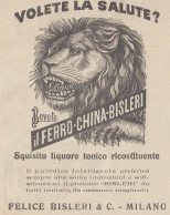 Liquore Ferro China Bisleri - Illustrazione Testa Leone - 1926 Pubblicità - Publicités