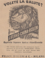 Liquore Ferro China Bisleri - Illustrazione Testa Leone - 1926 Pubblicità - Publicités