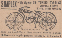 Bicicletta A Motore SIMPLEX - 1926 Pubblicità Epoca - Vintage Advertising - Publicités