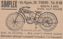 Bicicletta A Motore SIMPLEX - 1926 Pubblicità Epoca - Vintage Advertising - Reclame