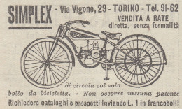 Bicicletta A Motore SIMPLEX - 1926 Pubblicità Epoca - Vintage Advertising - Reclame
