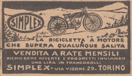 Bicicletta A Motore SIMPLEX - 1926 Pubblicità Epoca - Vintage Advertising - Reclame