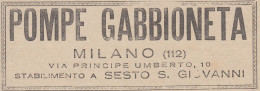 Pompe Gabbioneta - Milano - Sesto San Giovanni - 1927 Pubblicità Epoca - Pubblicitari