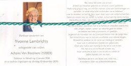 Yvonne Lambrichts-Van Becelaere, Hasselt 1918, 2019. Honderdjarige. Foto - Esquela