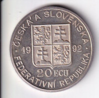 MONEDA DE PLATA DE CHECOSLOVAQUIA DE 20 ECU DEL AÑO 1992 (SILVER-ARGENT) RARA - Checoslovaquia