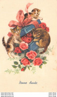 BONNE ANNÉE - CHATS - CHATONS - FLEURS →ROSES - CPSM ±1950 ♦♦♦ - Neujahr