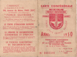 CARTE CONFEDERALE  - FORCE OUVRIERE  ANNEE 1950 - Cartes De Membre