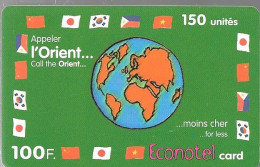 CARTE-PREPAYEE-100F-ECONOTEL-ORIENT-VERT-V°TGN°LASERS-TBE- - Autres & Non Classés