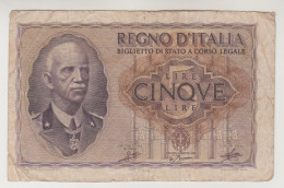 Biglietto Di Stato, Banconota Da Lire 5 - Regno D'Italia - 1940 Cons. BB - Regno D'Italia – 5 Lire